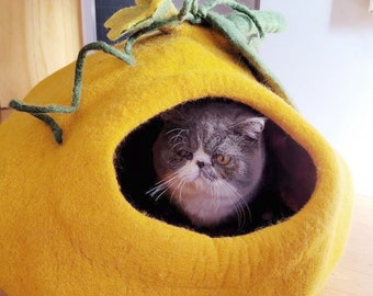 Pumpkin Yellow Cat Cave Cat Bed made from Wool Felt