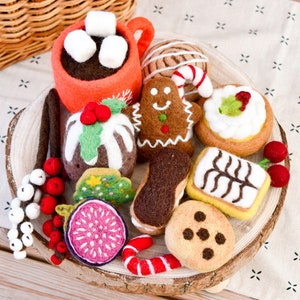 Grazing Box of Christmas Felt Play Food, Felt Gingerbread Man, Cinnamon Bun, Hot Chocolate with Marshmallows