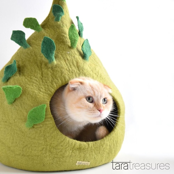 Teardrop Cat Cave Cat Pod With Green Leaves Made From Wool Felt Etsy
