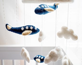 Navy Blue Airplanes Aeroplanes Baby Cot Crib Mobile Wool Felt / Felted Navy Blue Airplane Mobile