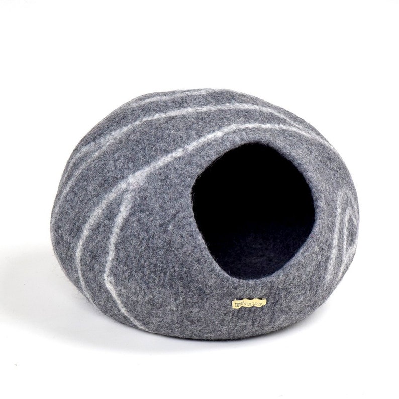 Dark Grey Stone Cocoon Cat Cave Cat Bed made from Thick Wool Felt image 3