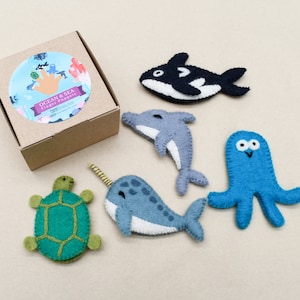 Ocean and Sea Creatures Finger Puppet Set, Narwhal, Orca, Octopus, Sea Turtle, Dolphin Puppets