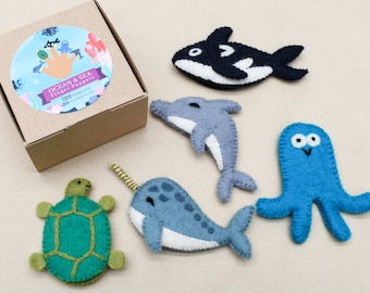 Ocean and Sea Creatures Finger Puppet Set, Narwhal, Orca, Octopus, Sea Turtle, Dolphin Puppets