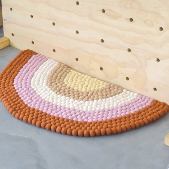 Earthy Rainbow Felt Ball Rug, Boho Colors 90cm, Made from Wool Felt