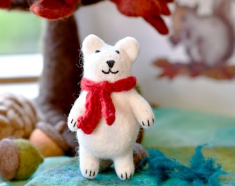 Felt Polar Bear with Red Scarf - Felt Polar Bear Toy Ornament - Christmas Toy