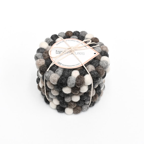 Felt Ball Cup Mug Coasters, Grey Stones Bundle of 6 Coasters