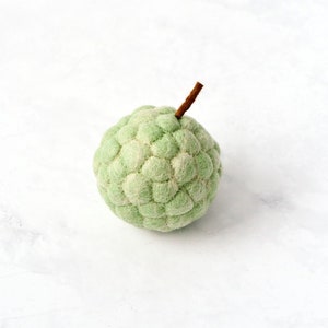 May include: A green felt ball with a brown stem, resembling a fruit like a custard apple or sugar apple.