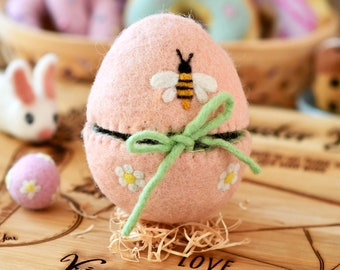 Easter Egg Cover | Felt Easter Peach Egg with Bee and Daisy Flowers | Felt Egg made from Wool Felt