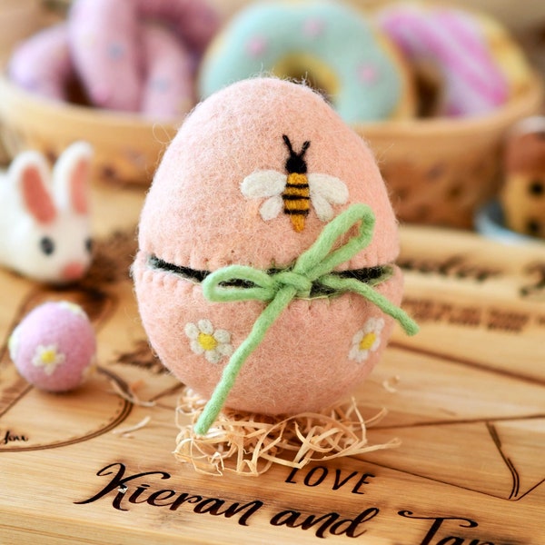 Easter Egg Cover | Felt Easter Peach Egg with Bee and Daisy Flowers | Felt Egg made from Wool Felt