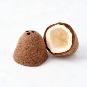 May include: Two felt coconut halves, one whole and one split open to reveal a white felt interior. The whole coconut has three black felt dots on the top.