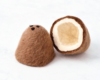 Felt Coconut (2 Halves) | Felt Coconut Toy for Kitchen Pretend Play | Felt Tropical Fruit Toy