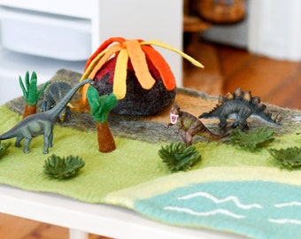 Large Dinosaur Land with Volcano Play Mat Playscape / Large Dinosaur Play Mat made from Wool Felt