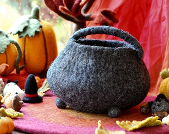 Felt Witches Cauldron Bag | Felt Witch Bag | Black Felt Witch Basket for Halloween