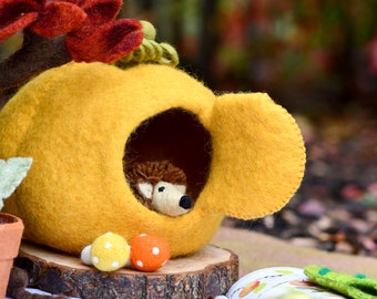 Pumpkin Fairy House Home with Hedgehog Toy Wool Felt Waldorf Inspired