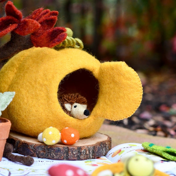 Pumpkin Fairy House Home with Hedgehog Toy Wool Felt Waldorf Inspired