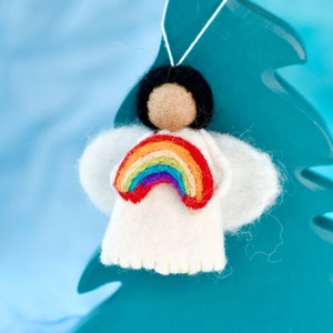 Felt Waldorf Diversity Angel with Rainbow with Black Hair | Felt Waldorf Fairy Ornament Hanging