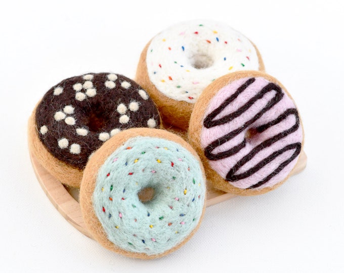 Felt Doughnuts Donuts (Set of 4), Felt Pretend Play Food Donuts Doughnut Bakery Goods, Felt Play Food for Toy Kitchens