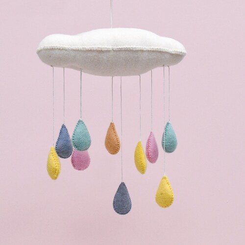 Cloud Nursery Cot Crib Mobile With Pastel Raindrops Wool Felt Etsy