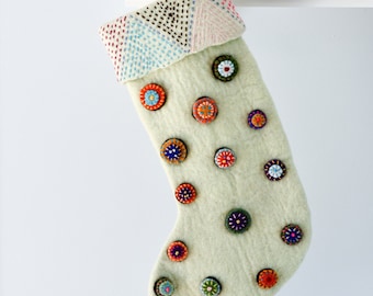 Felt Christmas Stocking with Buttons Appliques | Felt Holiday Stocking in Pale Green