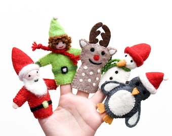 Christmas Santa Finger Puppet Set / Santa Claus, Snowman, Christmas Elf, Reindeer, Penguin