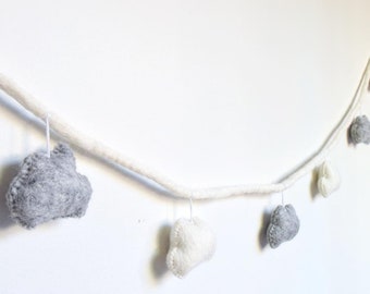 Felt Cloud Garland Light Grey and White made from Wool Felt Felting