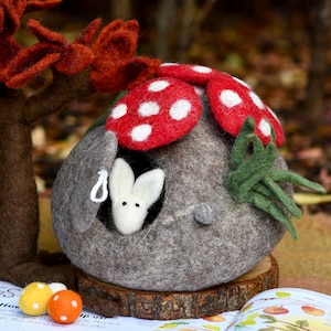 Felt Fairy Toadstool House with Rabbit Toy | Waldorf Inspired Toy