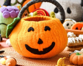 Felt Jack O' Lantern Pumpkin Bag for Trick or Treat | Felt Treat-Or-Treat Halloween Bag