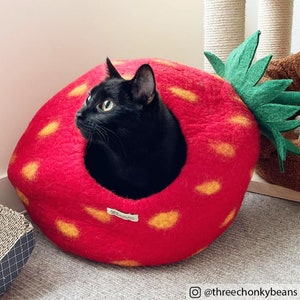 Red Strawberry Cat Cave Cat Bed, Fair-trade made from Natural Wool Felt