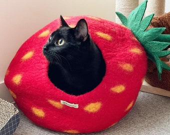 Red Strawberry Cat Cave Cat Bed, Fair-trade made from Natural Wool Felt