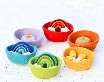 Felt Small Colourful Bowls | Set of 6 Felt Bowls in Red, Burnt Orange, Yellow, Green, Blue and Lilac Purple