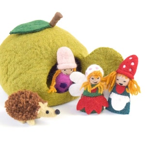 Green Apple Felt Fairy House with Hedgehog Toy Wool Felt Waldorf Inspired image 7