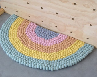 Pastel Rainbow Felt Ball Rug / 90cm / Made from Wool Felt