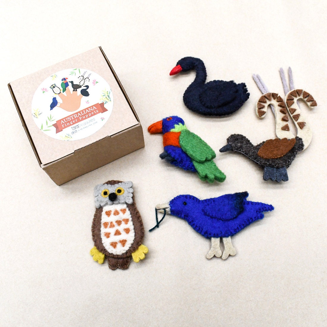 Australische Tiere Vögel Fingerpuppen Laubenvogel Leiervogel Eule Schwan Regenbogen Lorikeet Puppet