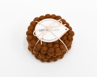 4 Chestnut Brown Felt Ball Cup Coasters, Bundle of 4