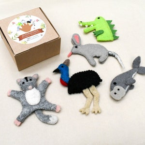 Australian Animals Finger Puppet Set, Crocodile, Sugar Glider, Cassowary, Dugong, Bilby Puppets