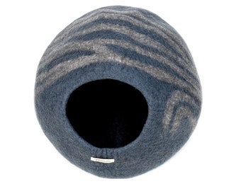 Cat Cave / Dark Grey Brown Stripes Cat Cocoon / Cat Bed made from Wool Felt