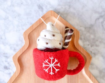 Felt Christmas Hot Chocolate Mug Ornament, Fair Trade Christmas Ornament Made from Wool Felt