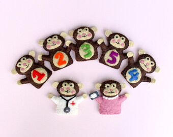 Five Little Monkeys Finger Puppet Set (Set of 7) | Handmade from Wool Felt | Nursery Rhyme Finger Puppets