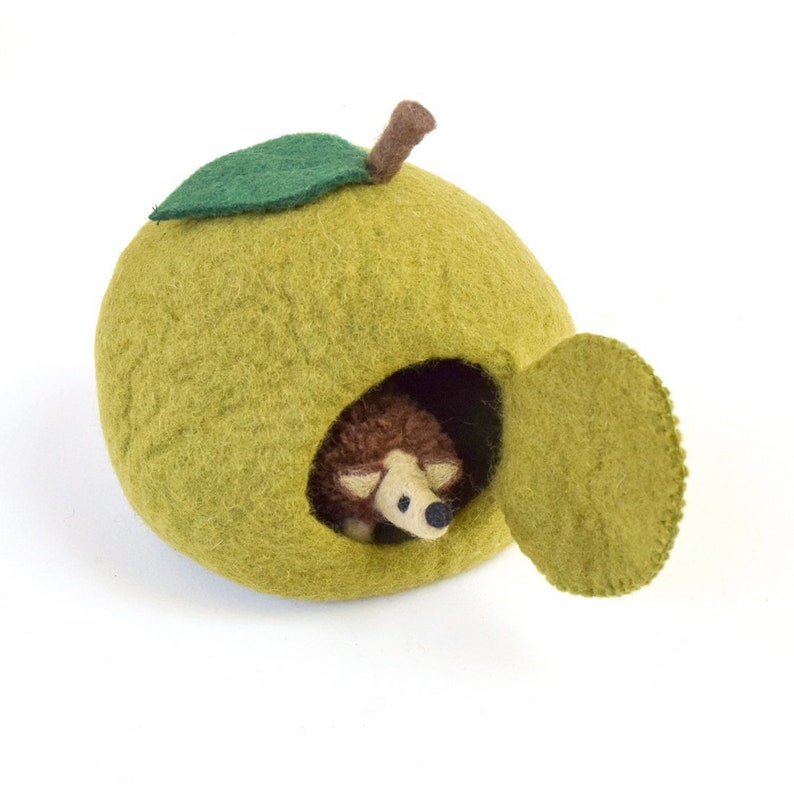 Green Apple Felt Fairy House with Hedgehog Toy Wool Felt Waldorf Inspired image 3