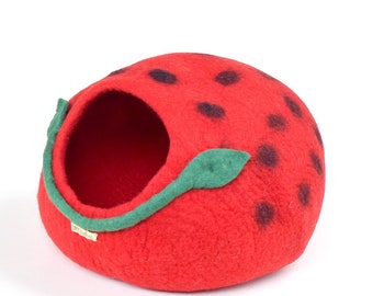 Red Polka Dot Cocoon Cat Cave Cat Bed made from Wool Felt
