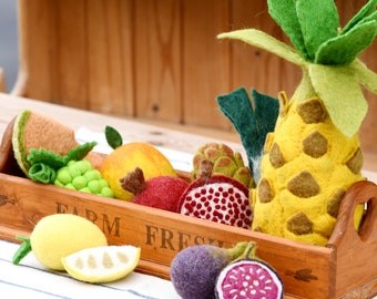 Felt Fruits and Vegetables / Made from Wool Felt / Pineapple, Grapes, Cantaloupe, Artichoke, Leek, Fig, Pomegranate, Lemon, Mango