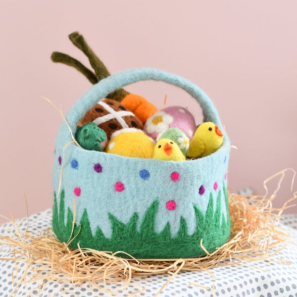 Felt Easter Egg Hunt Blue Basket with Colourful Dots and Wavy Grass | Easter Bag Basket