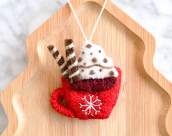Felt Christmas Hot Cacao Ornament, Fair Trade Christmas Ornament Made from Wool Felt