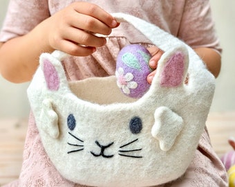 Felt Easter Bunny Egg Hunt Basket | White Easter Rabbit Bag for Egg Hunts