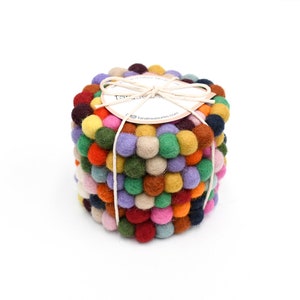 6 Colourful Multicolor Felt Ball Coasters made from Wool Felt