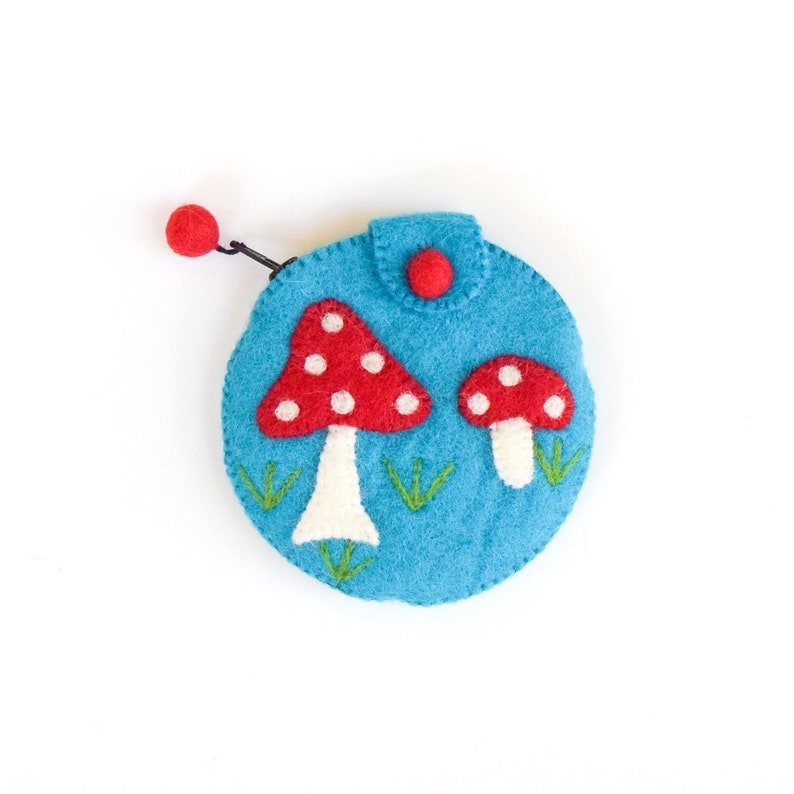 Cyan Blue Mushroom Coin Purse Wool Felt image 2