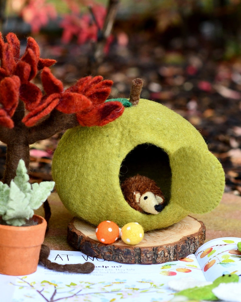 Green Apple Felt Fairy House with Hedgehog Toy Wool Felt Waldorf Inspired image 2