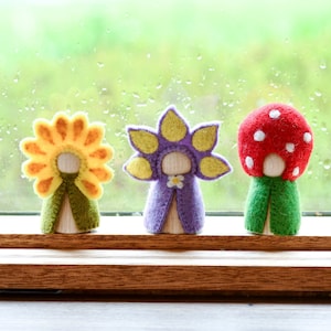 Floral Peg Dolls Set - Sunflower, Iris and Toadstool | Ethically Made Felt Flower Peg Dolls from Sustainable Wood