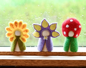 Floral Peg Dolls Set - Sunflower, Iris and Toadstool | Ethically Made Felt Flower Peg Dolls from Sustainable Wood