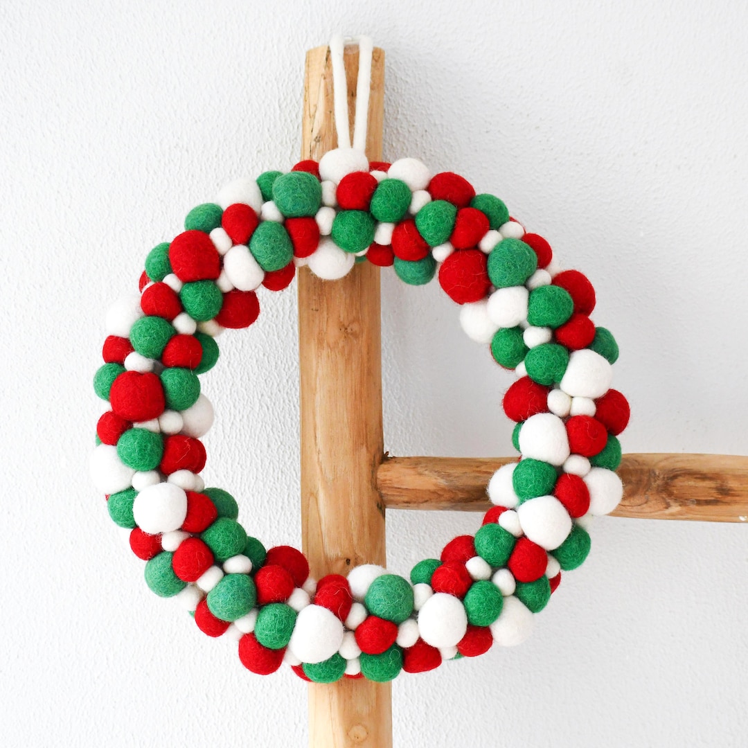 Felt Ball Wreath Green, White and Red Felt Balls / Ethically Made From